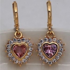 Elegant 18kt Gold Heart Simulated Diamond Paved Halo Dangle Drop Earrings